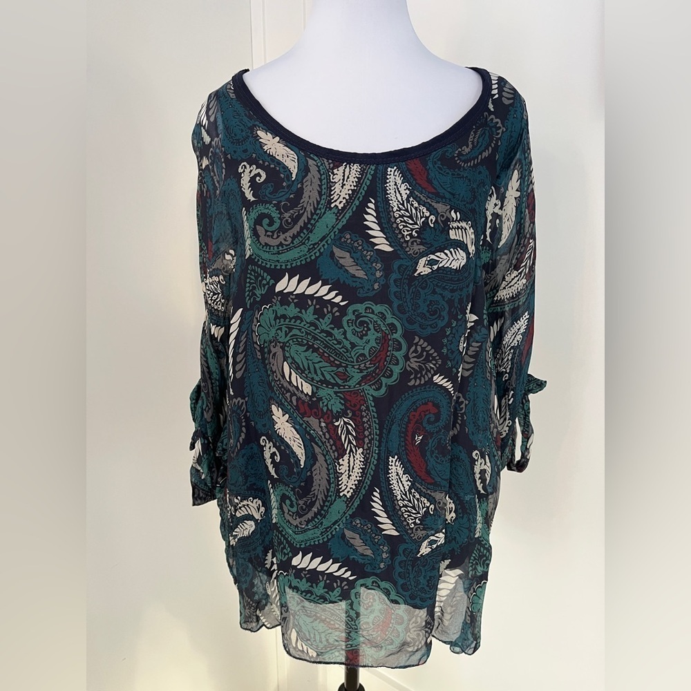 BELLA AMORE Low Scoop Neck Lined Blouse Silk Paisley 3/4 Tie Sleeves Italy Chic